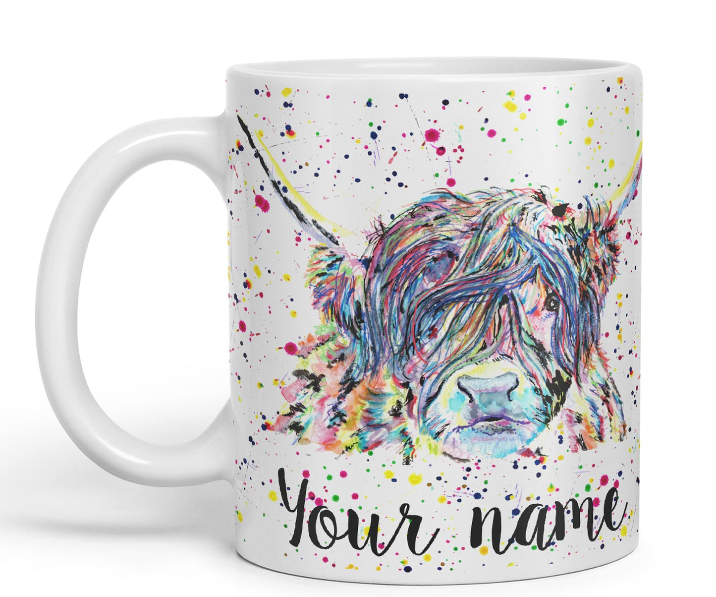 Vixar Personalised with Your Text Highland Cow Scottish Farm Animals Watercolour Art Coloured Mug Cup Gift Birthday Custom Work Office Tea Coffee (P01)