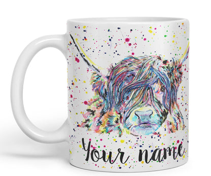 Vixar Personalised with Your Text Highland Cow Scottish Farm Animals Watercolour Art Coloured Mug Cup Gift Birthday Custom Work Office Tea Coffee (P01)