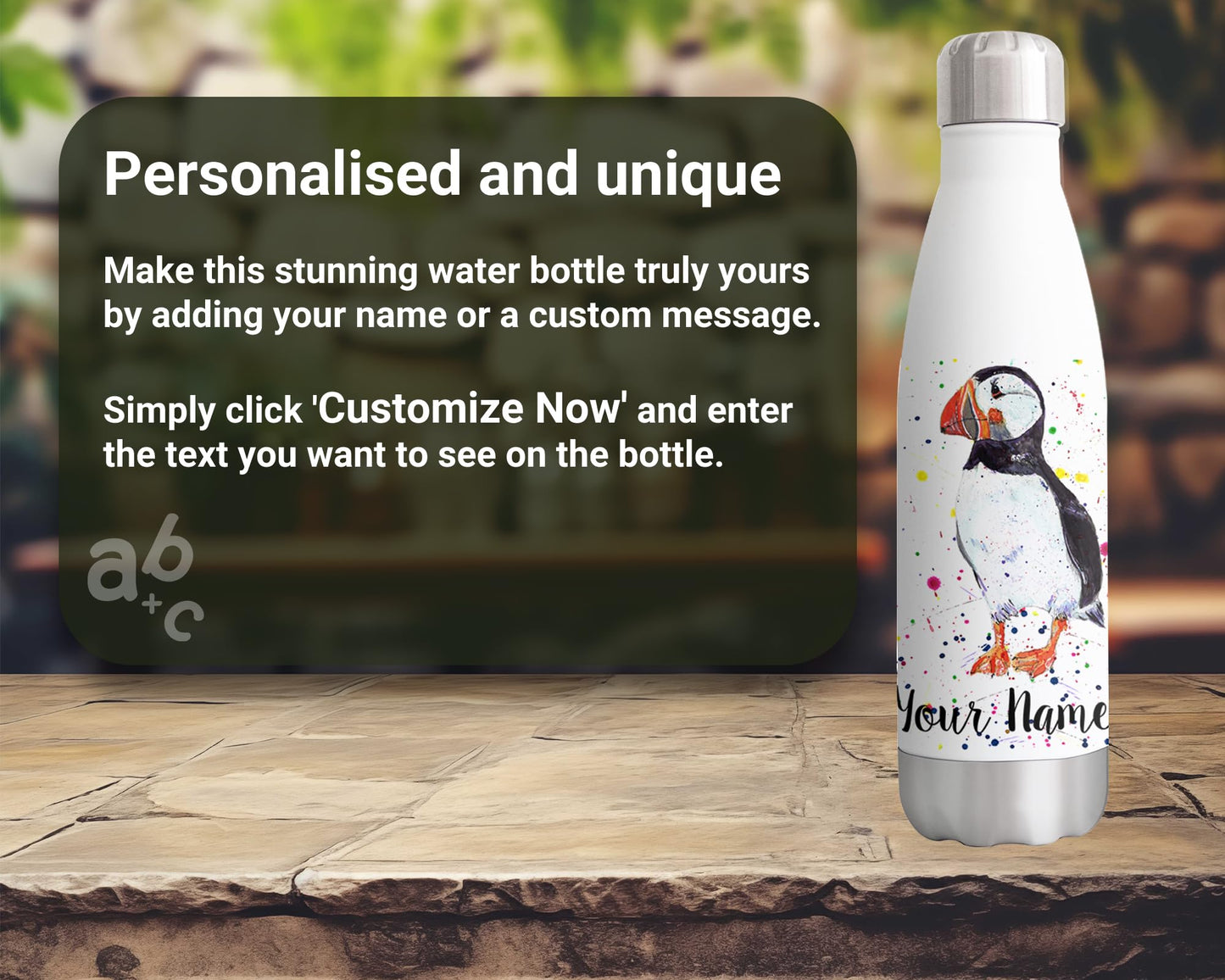 Vixar Puffin Personalised Custom Bottle with your Text/name Bird animals Watercolour Bottle Double Wall Insulated Stainless Steel Sport Drinks 500ml