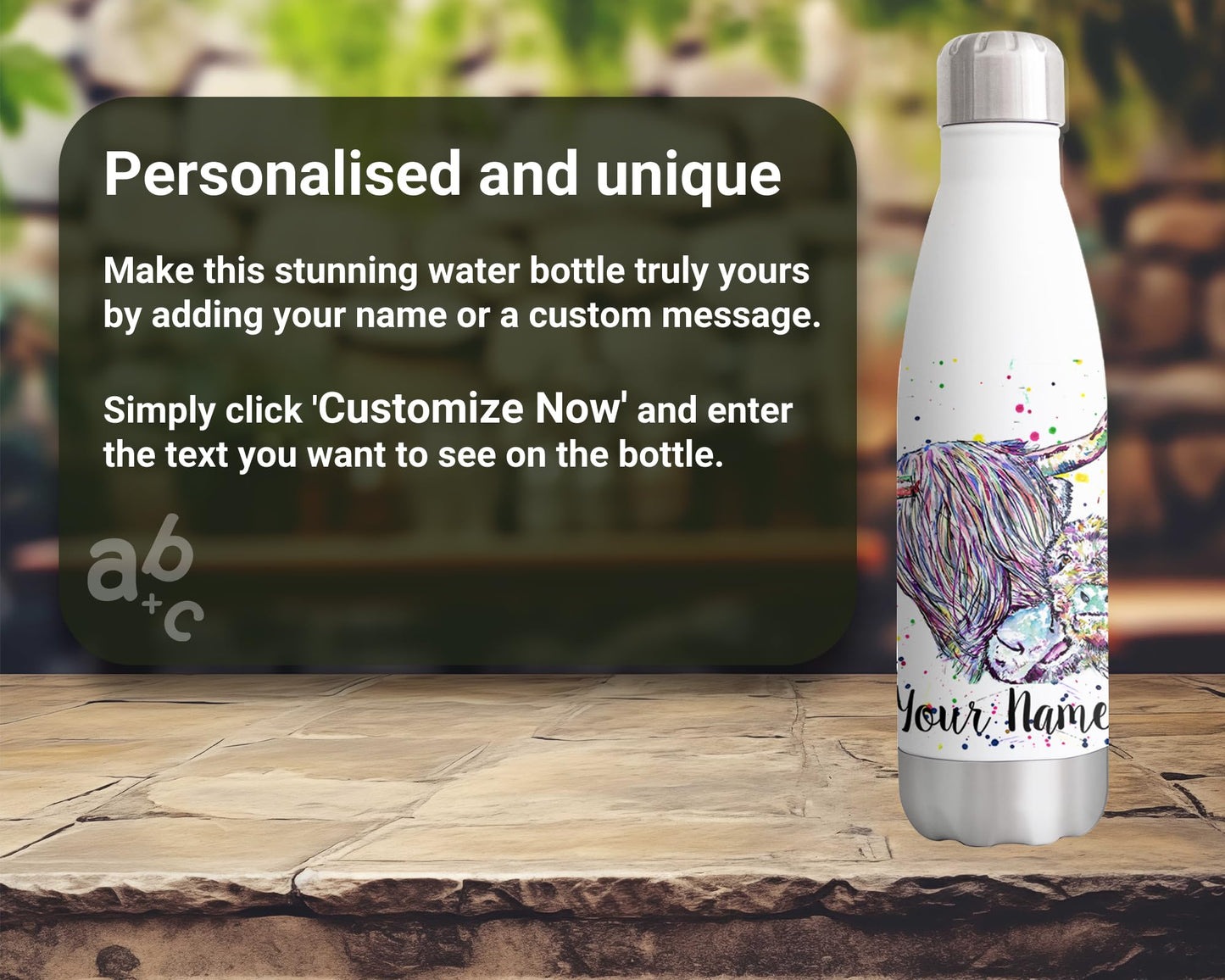 Highland Cow with Calf Personalised Custom Bottle with Your Text/Name Watercolour Scottish Cow with Baby Farm Animals Bottle Double Wall Insulated Stainless Steel Sport Drinks 500ml Hcbaby