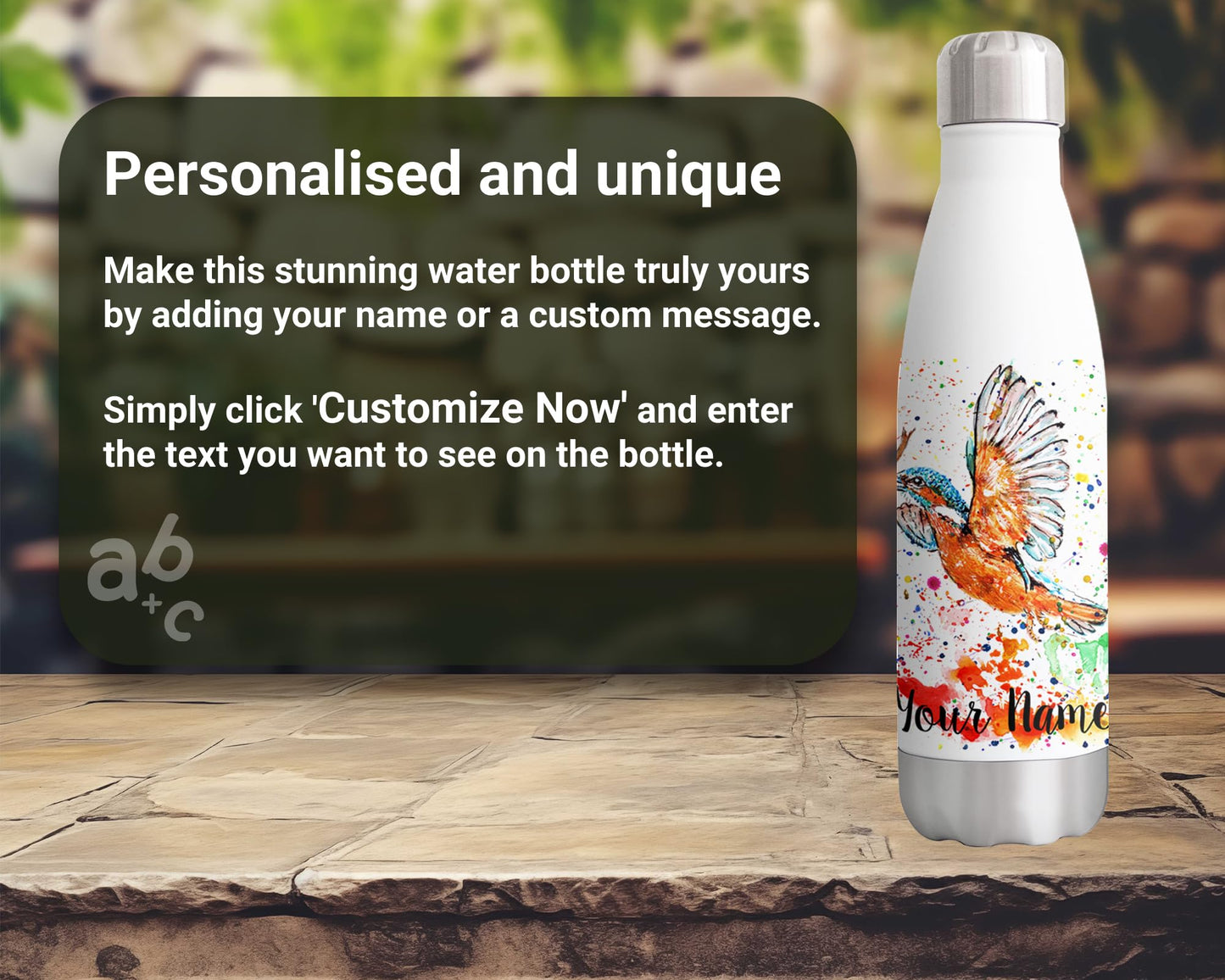 Kingfisher Personalised Custom Bottle with Your Text/Name Watercolour Bird Kingfishers Animals Bottle Double Wall Insulated Stainless Steel Sport Drinks 500ml