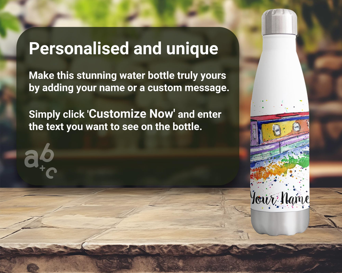 Vixar Narrowboat Personalised Custom Bottle with your Text/name Canal Boat Watercolour Bottle Double Wall Insulated Stainless Steel Sport Drinks 500ml