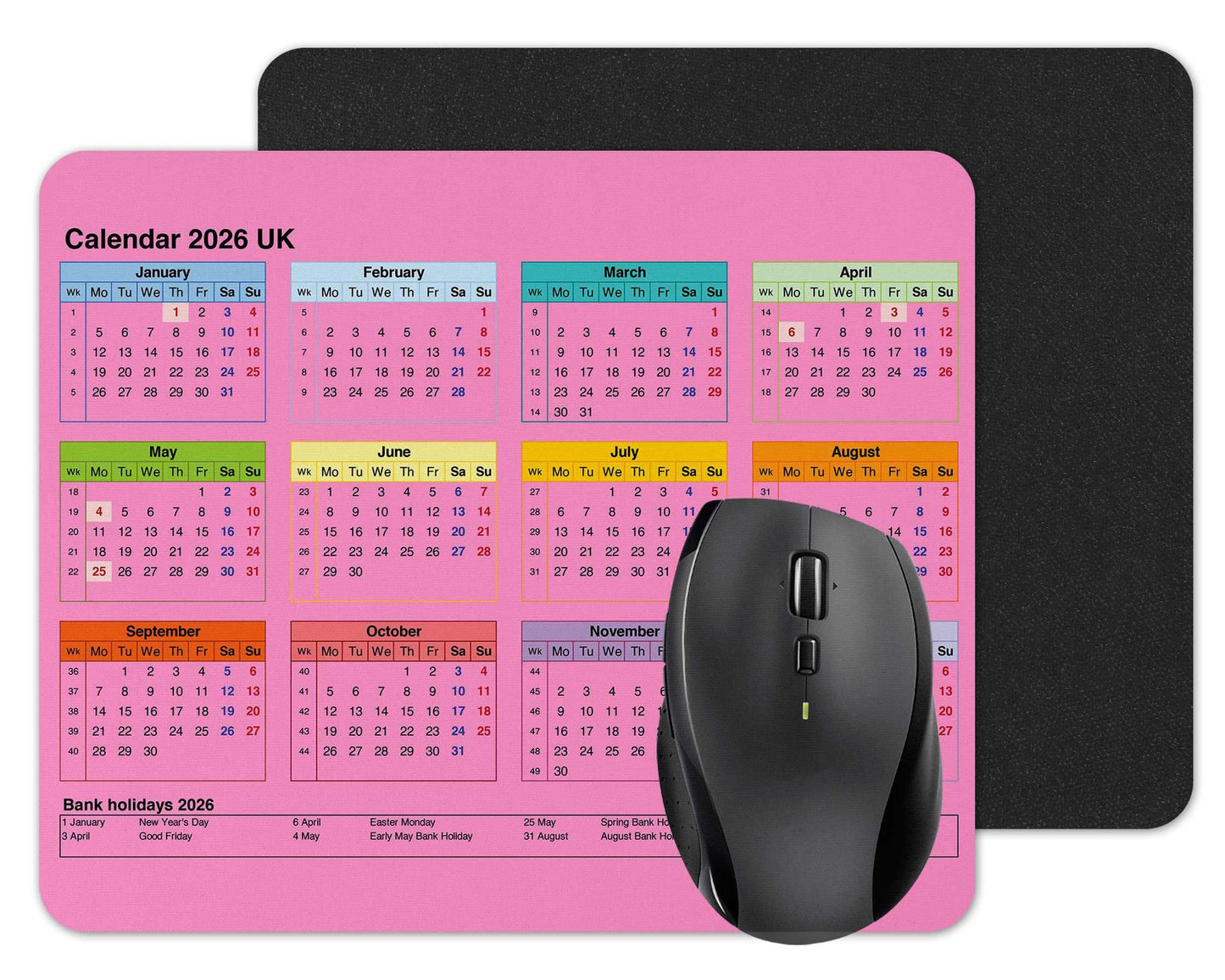 Vixar Calendar 2026 Mouse mat pad for UK with Holiday Non Slip PC Desktop Laptop for office school work home