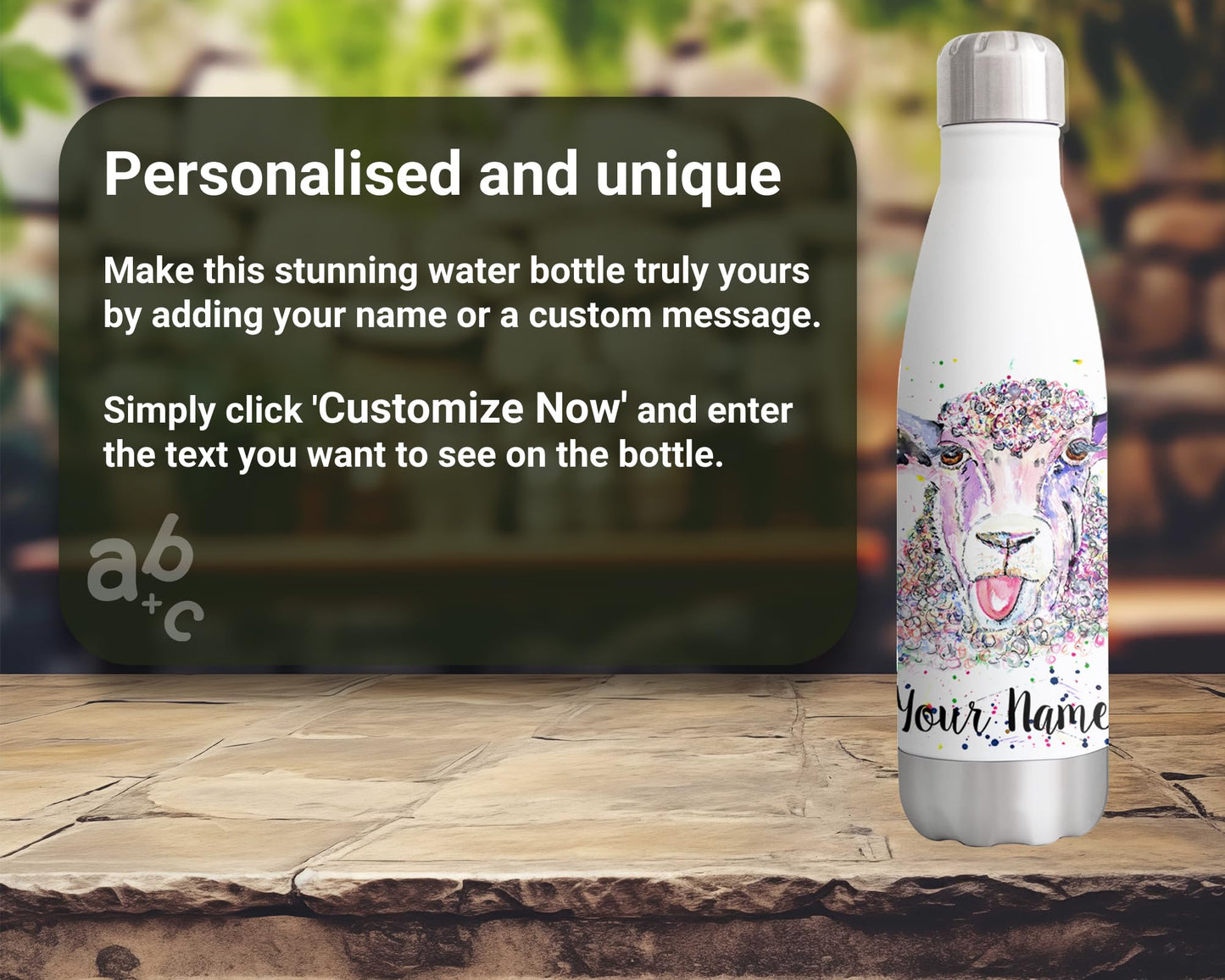 Vixar Sheep Eve Personalised Custom Bottle with your Text/name Watercolour Farm Animals Bottle Double Wall Insulated Stainless Steel Sport Drinks 500ml