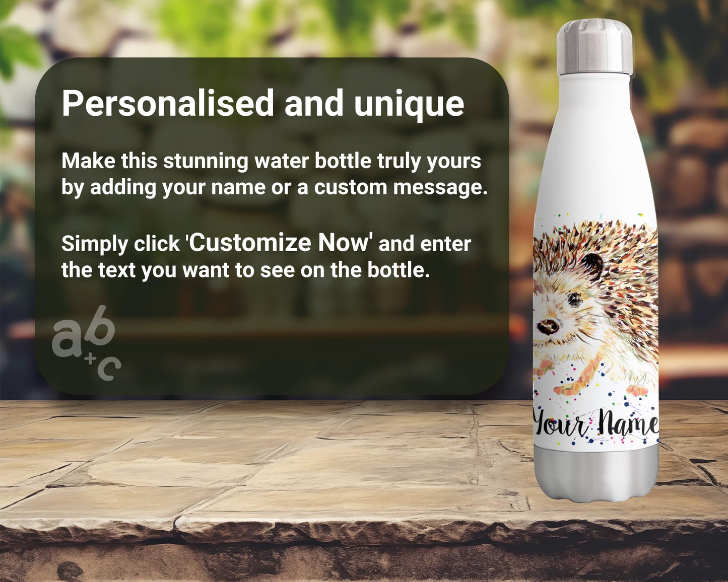 Vixar Hedgehog Personalised Custom Bottle with your Text/name Watercolour Art wildlife animal Bottle double Wall insulated Stainless steel sport Drinks 500ml Hv2