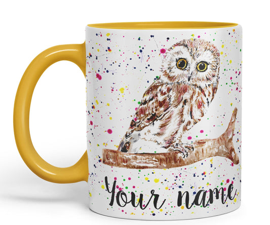 Vixar Personalised with Your Text Owl Bird Watercolour Art Coloured Ceramic Mug Cup Gift 330ml 11oz Custom Work Office Tea Coffee (O2)