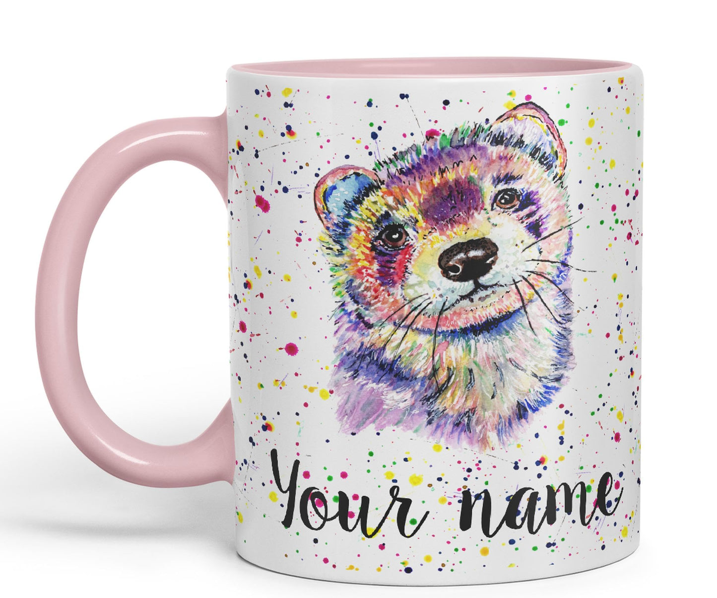 Personalised mug with Your Text name Ferret Pet animals Watercolour Art Coloured Ceramic Mug Cup Gift 330ml 11oz Custom Work Office Tea Coffee