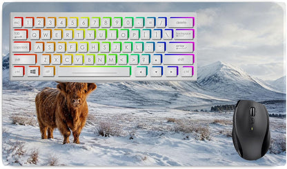 Vixar Highland Cow Snowy Mountains Large Desk Mat – Scottish Winter Fabric Mouse Pad with 3mm Non-Slip Rubber Base, 600 x 350mm (Snowy Mountains Highland Cow)