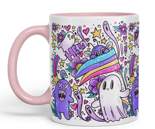 Vixar Hello Cool Kawaii Ghosts Coloured Ceramic Mug Cup Gift 330ml 11oz Work Office Tea Coffee