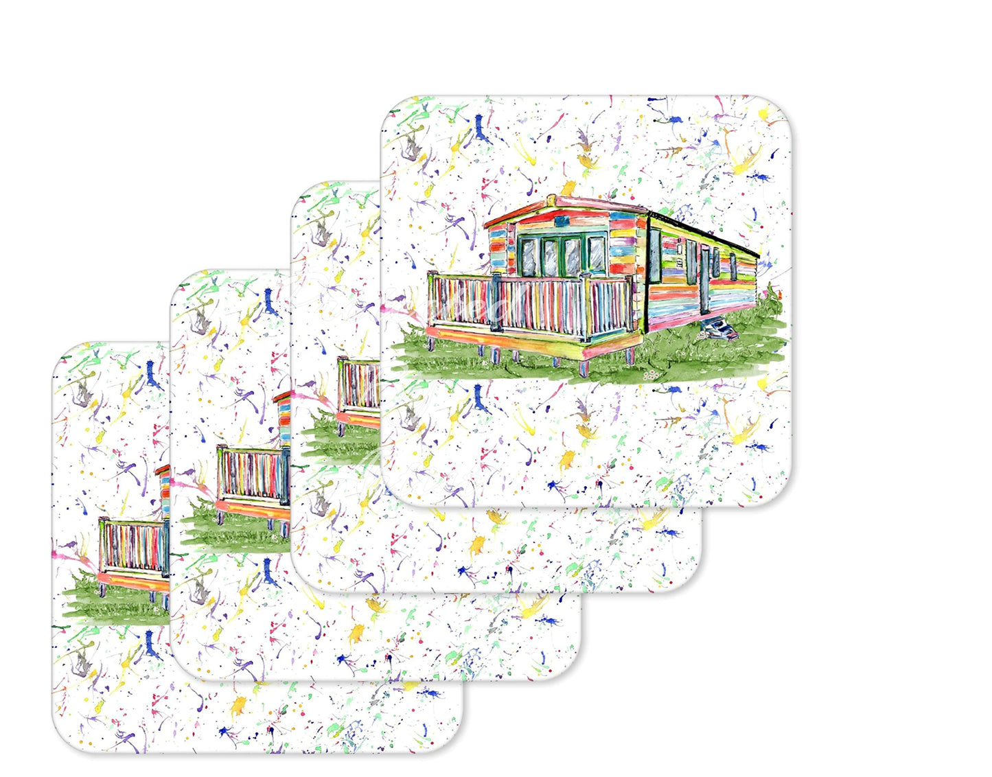 Coaster Caravan Static Holiday Home Coasters Watercolour Art Gift Work Office Dining Tea coffee