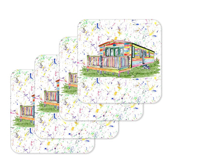 Coaster Caravan Static Holiday Home Coasters Watercolour Art Gift Work Office Dining Tea coffee