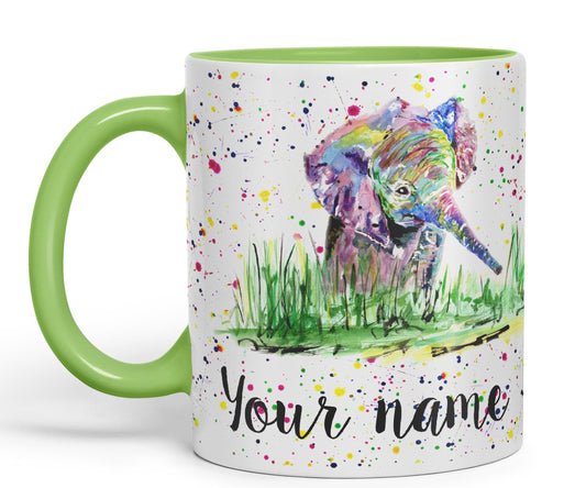 Personalised mug with Your Text name Elephant Baby animals Watercolour Art Coloured Ceramic Mug Cup Gift 330ml 11oz Custom Work Office Tea Coffee