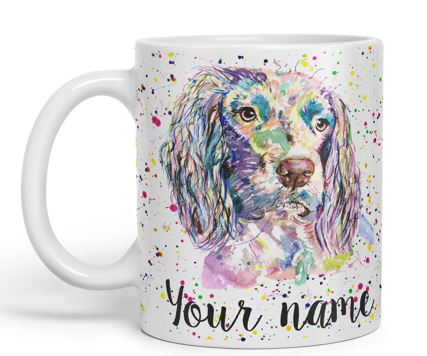 Vixar Personalised with Your Text Spaniel Springer Dog Pet Animals Watercolour Art Coloured Ceramic Mug Cup Gift 330ml 11oz Custom Work Office Tea Coffee (O2)