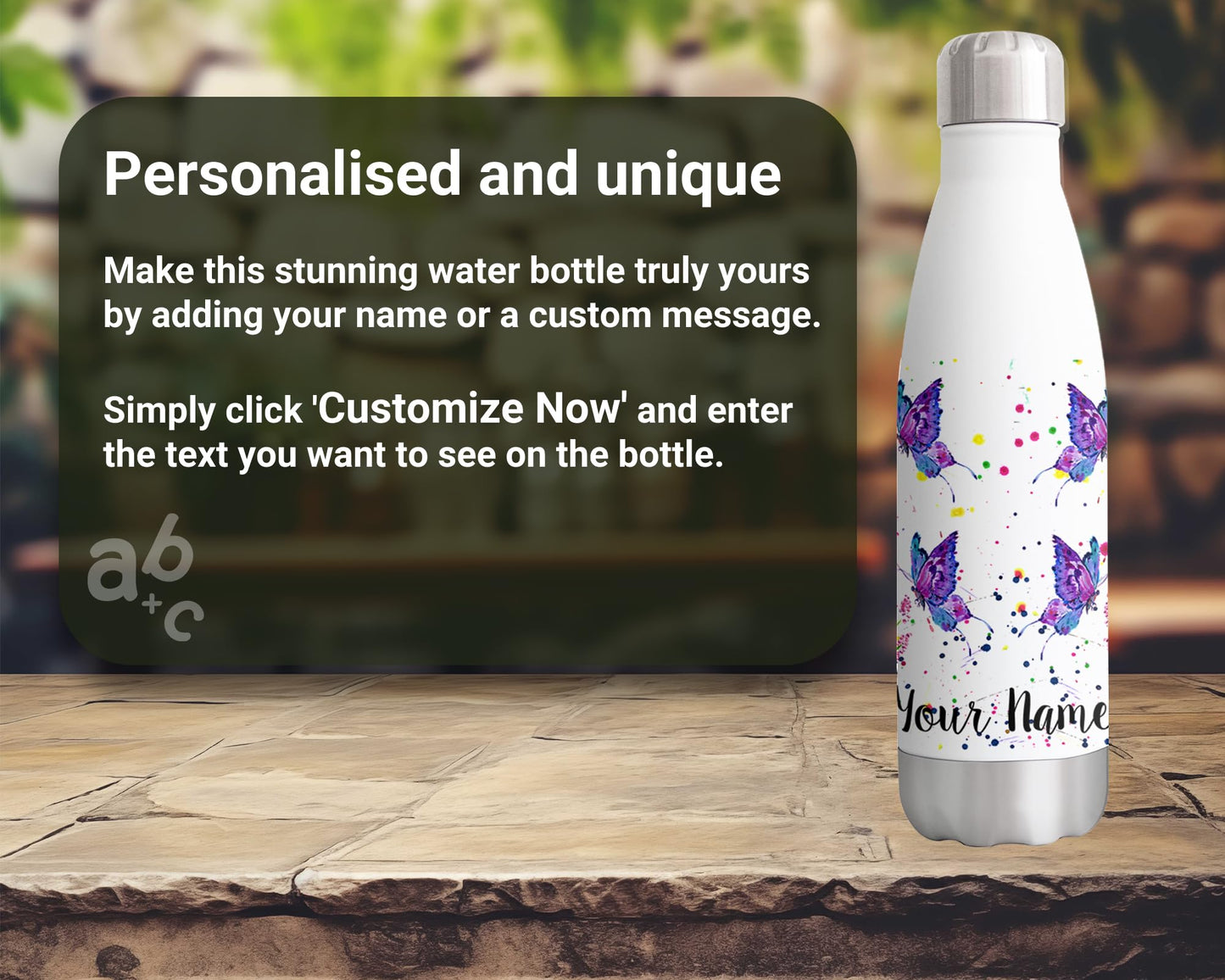 Vixar Flower butterfly Personalised Custom Bottle with your Text/name Insect Animals Watercolour Bottle Double Wall Insulated Stainless Steel Sport Drinks 500ml