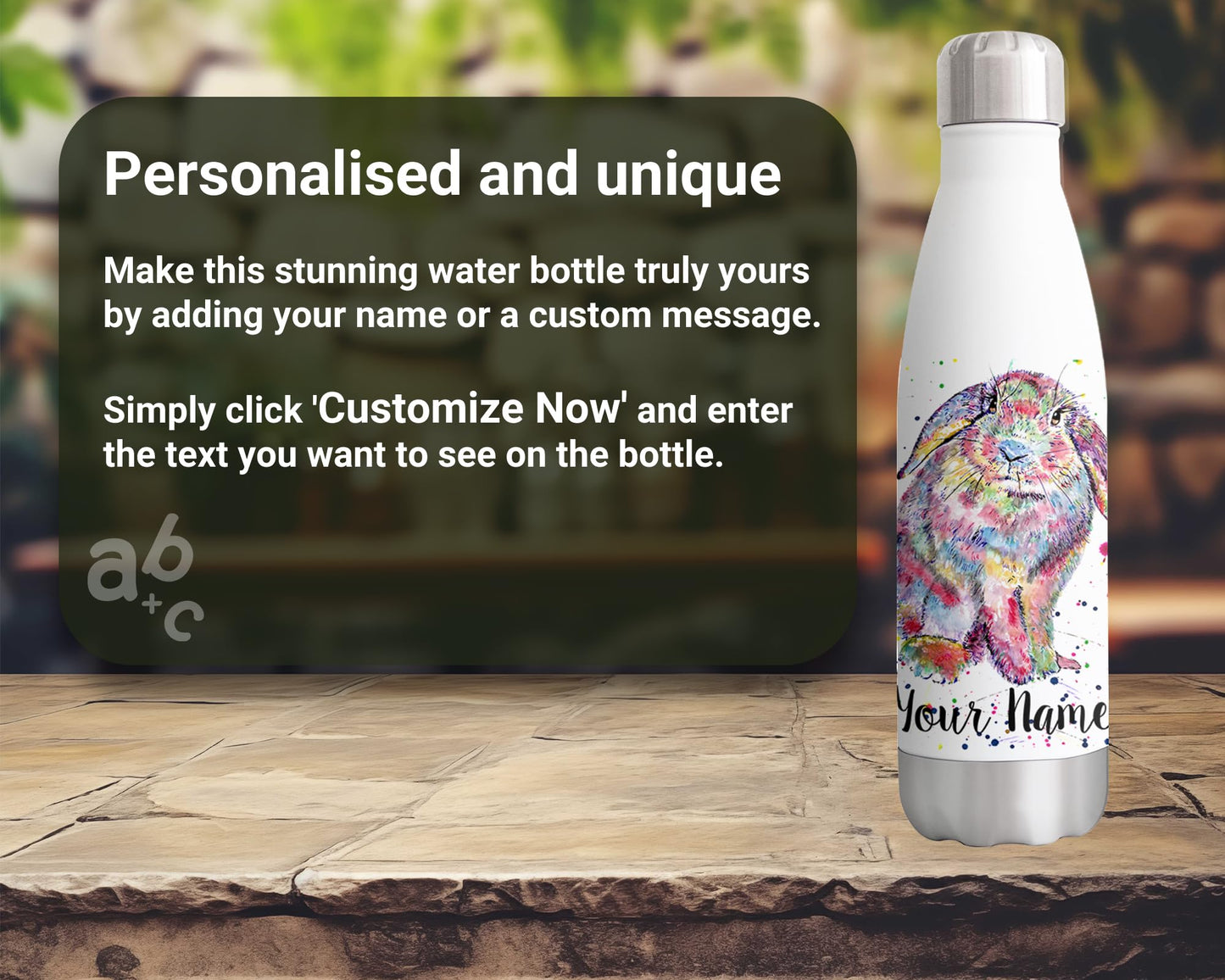 Vixar Lop Personalised Custom Bottle with your Text/name rabbit pet animals Watercolour Animals Bottle Double Wall Insulated Stainless Steel Sport Drinks 500ml