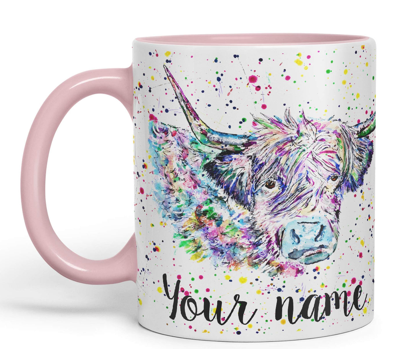 Vixar Personalised with Your Text Highland Cow Scottish Farm Animals Watercolour Art Coloured Mug Cup Gift Birthday Custom Work Office Tea Coffee (P02)