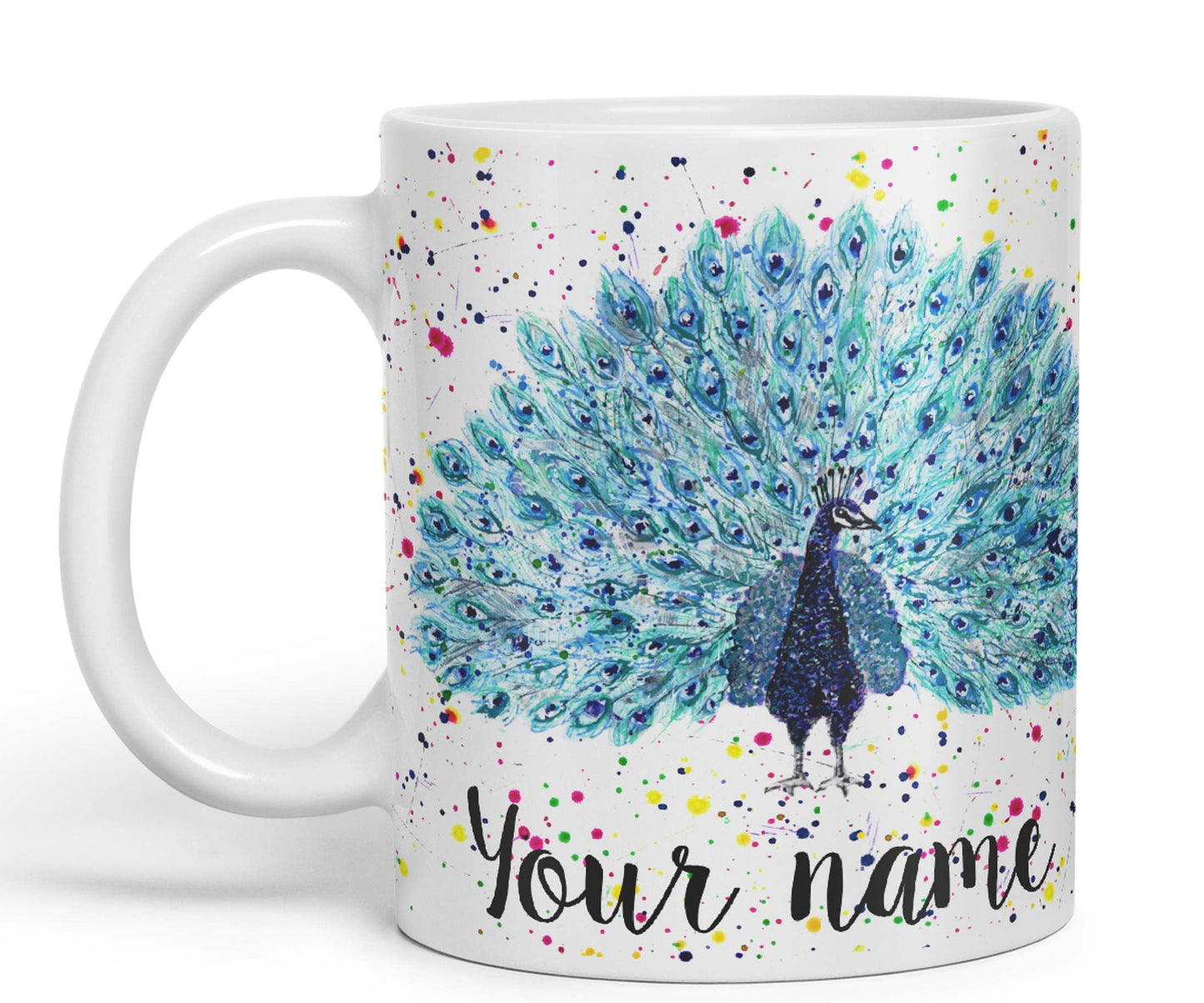 Vixar Personalised with Your Text Peacock Peafowl Bird Watercolour Art Coloured Ceramic Mug Cup Gift 330ml 11oz Custom Work Office Tea Coffee (O2)