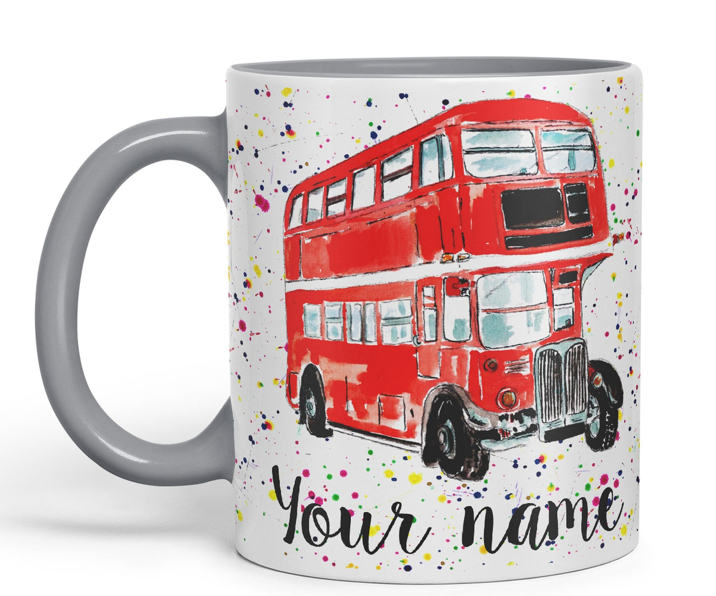 Vixar Personalised with Your Text Red Bus Classic London Busses Watercolour Art Coloured Ceramic Mug Cup Gift 330ml 11oz Custom Work Office Tea Coffe