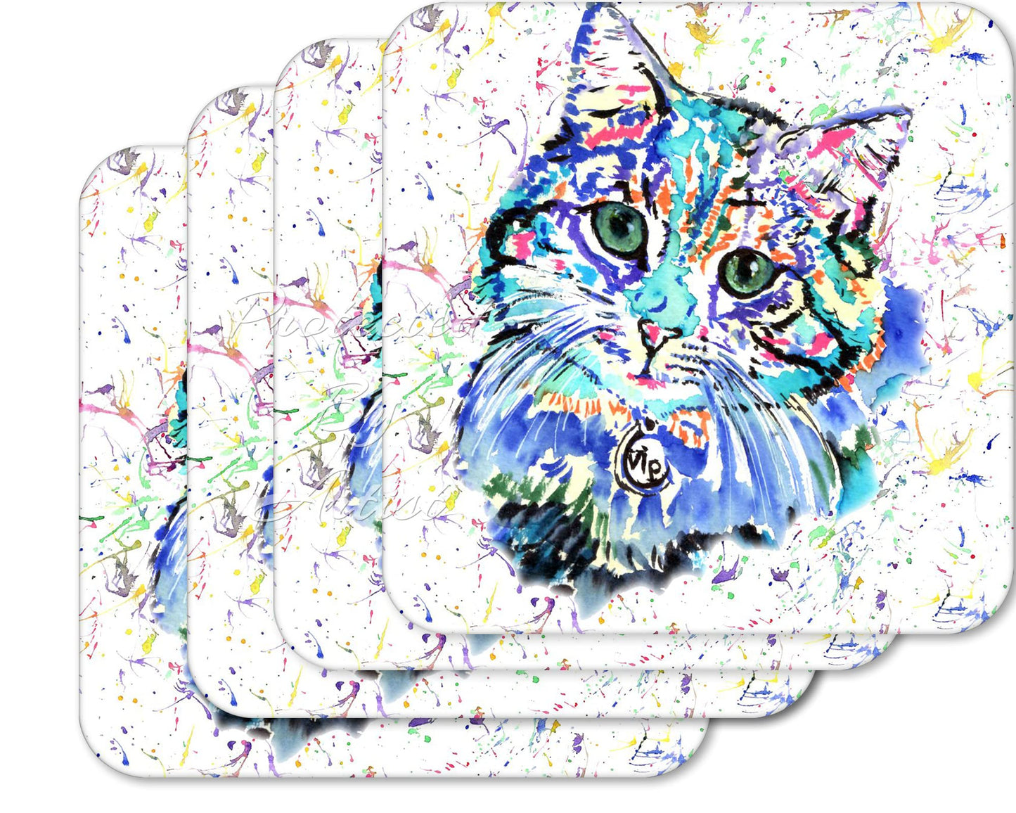 Coaster Cat Blue Feline Pet Animals Coasters Watercolour Art Gift Work Office Dining Tea coffee
