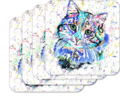 Coaster Cat Blue Feline Pet Animals Coasters Watercolour Art Gift Work Office Dining Tea coffee