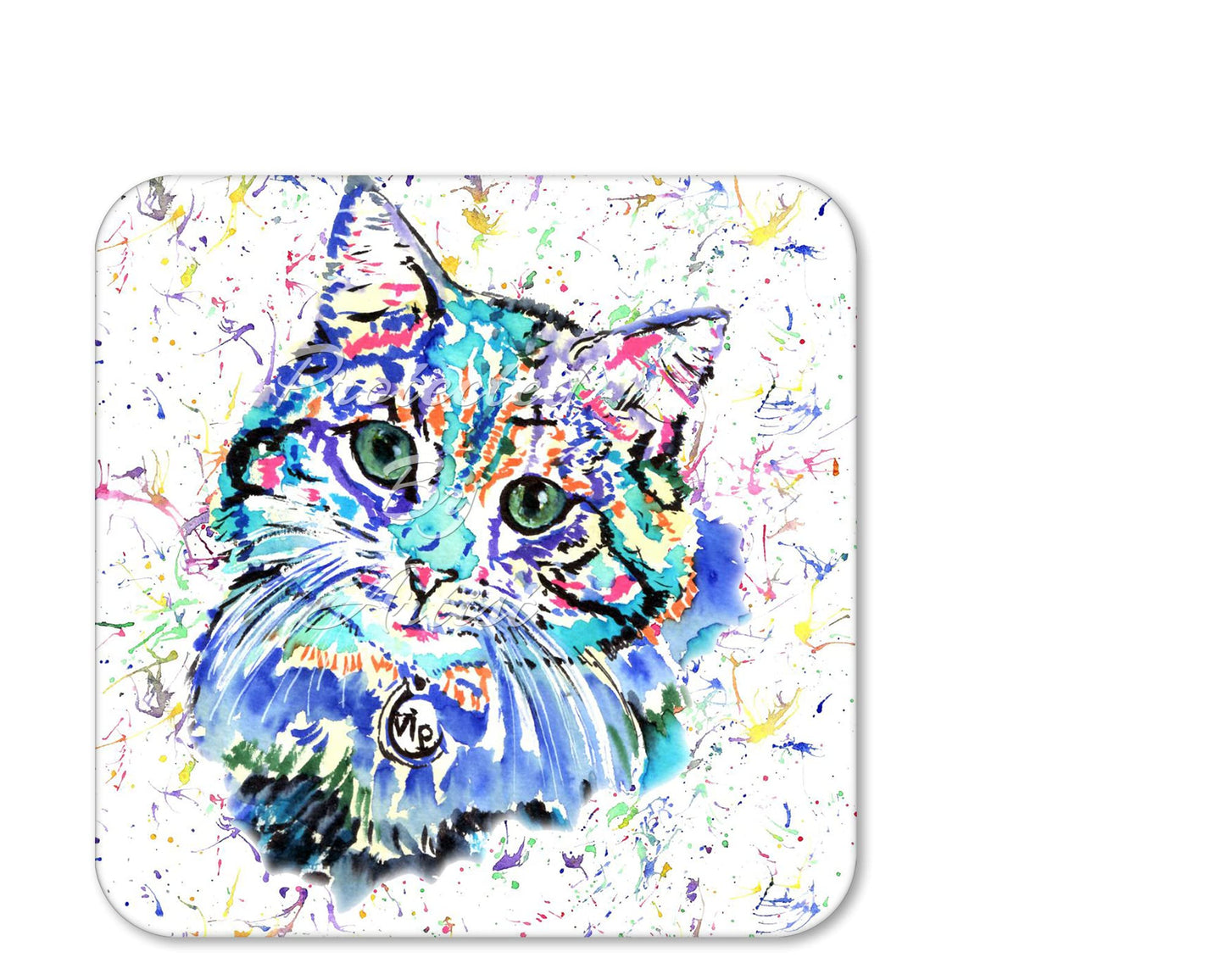 Coaster Cat Blue Feline Pet Animals Coasters Watercolour Art Gift Work Office Dining Tea coffee