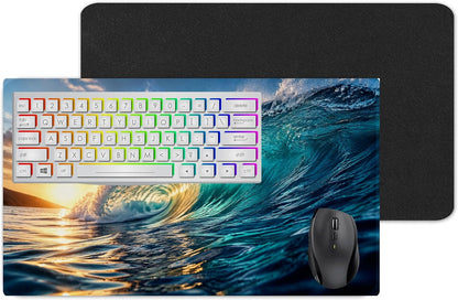 Ocean Wave at Sunset Large Desk Mat – Dramatic Coastal Fabric Mouse Pad with 3mm Non-Slip Rubber Base, 600 x 350mm (Wave)