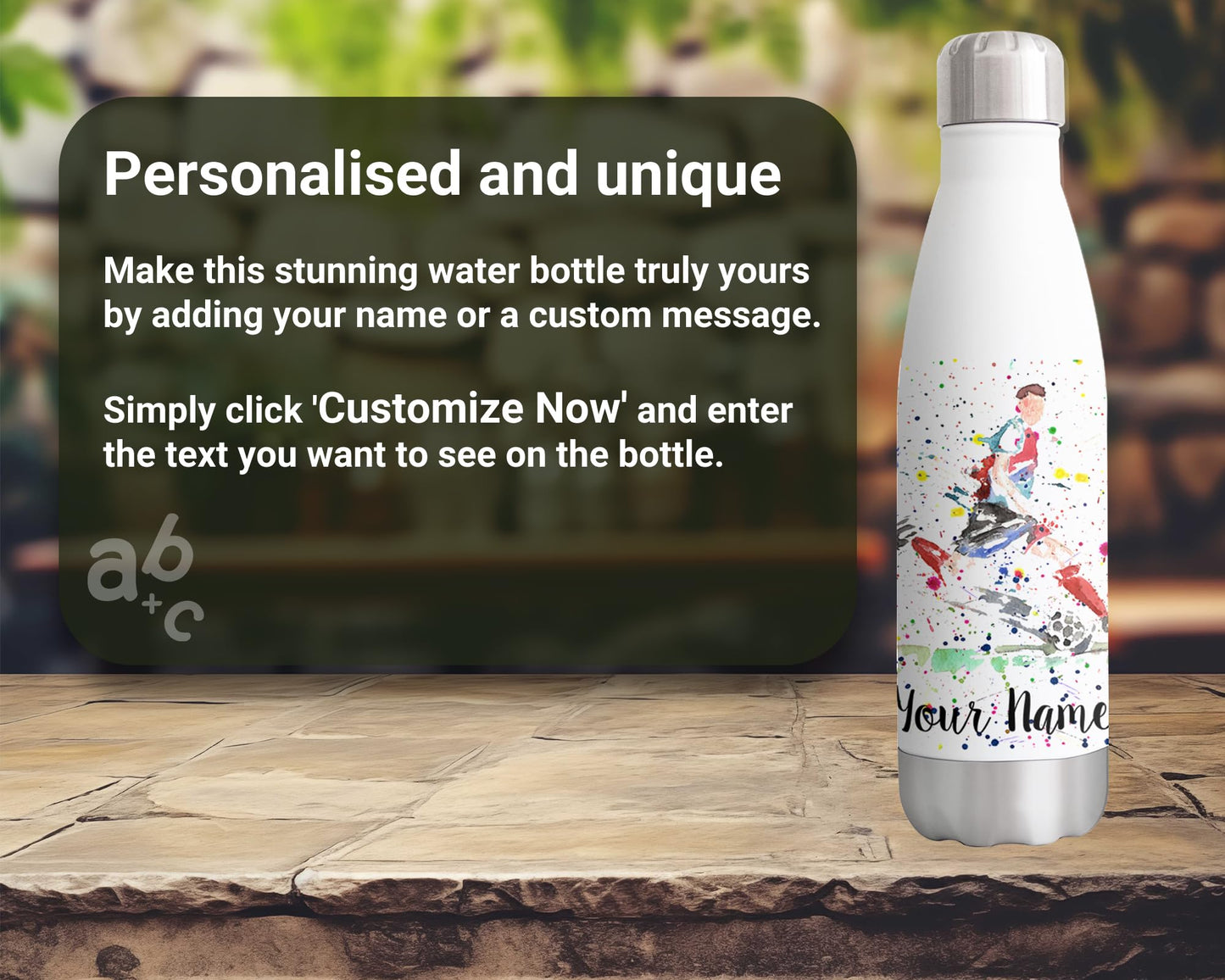 Vixar Footballer Personalised Custom Bottle with your Text/name Football Footie dad Grandad Father Watercolour Bottle Double Wall Insulated Stainless Steel Sport Drinks 500ml