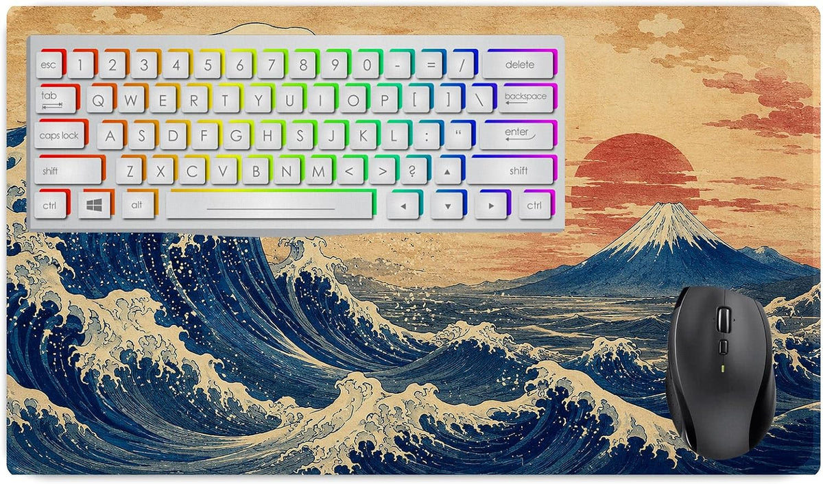 Vixar Great Wave and Mount Fuji Large Desk Mat – Japanese Art Fabric Mouse Pad with 3mm Non-Slip Rubber Base, 600 x 350mm