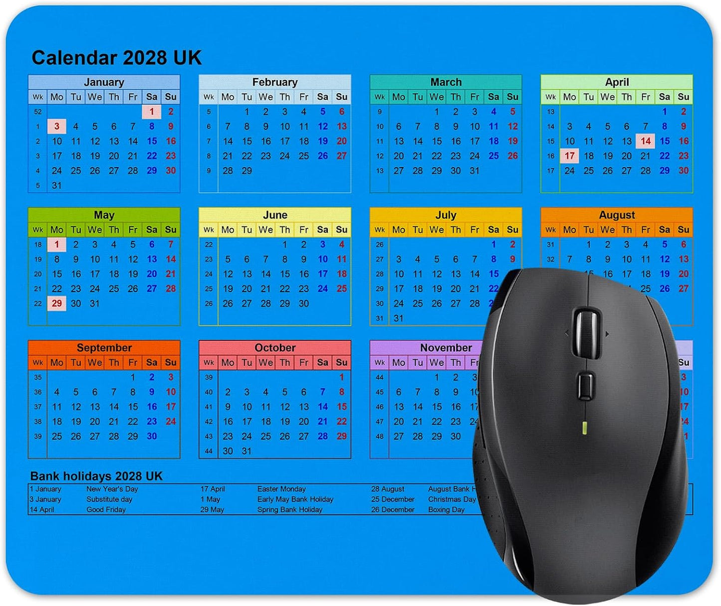 Calendar 2028 Mouse mat pad for UK with Holiday Non Slip PC Desktop Laptop for office school work home (Blue)