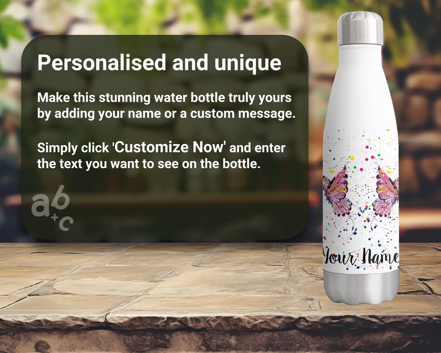 Vixar Butterfly Personalised Custom Bottle with your Text/name Watercolour animals Bottle double Wall insulated Stainless steel sport Drinks 500ml