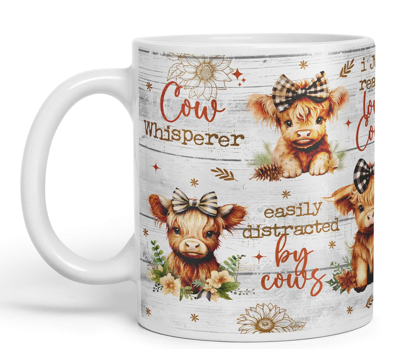 Easily Distracted by Baby Cow Whisperer I just Realy Love Cow Highland Scottish Farm Animals Ceramic Coloured Mug Cup for Tea Coffee Hot Brew 330ml 11Oz Gift