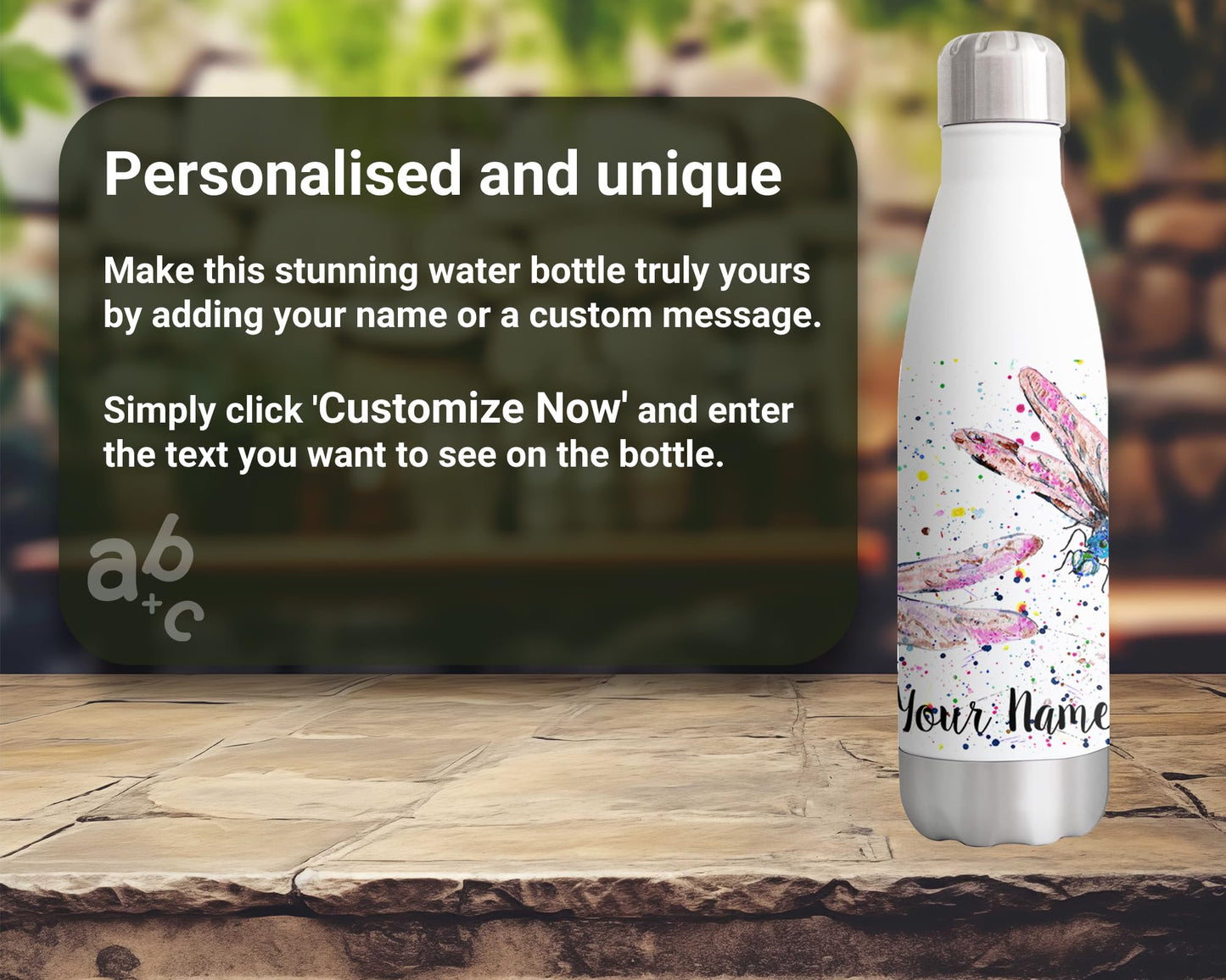 Vixar Dragonflies Pink Personalised Custom Bottle with your Text/name Dragonfly Insect Animals Watercolour Bottle Double Wall Insulated Stainless Steel Sport Drinks 500ml