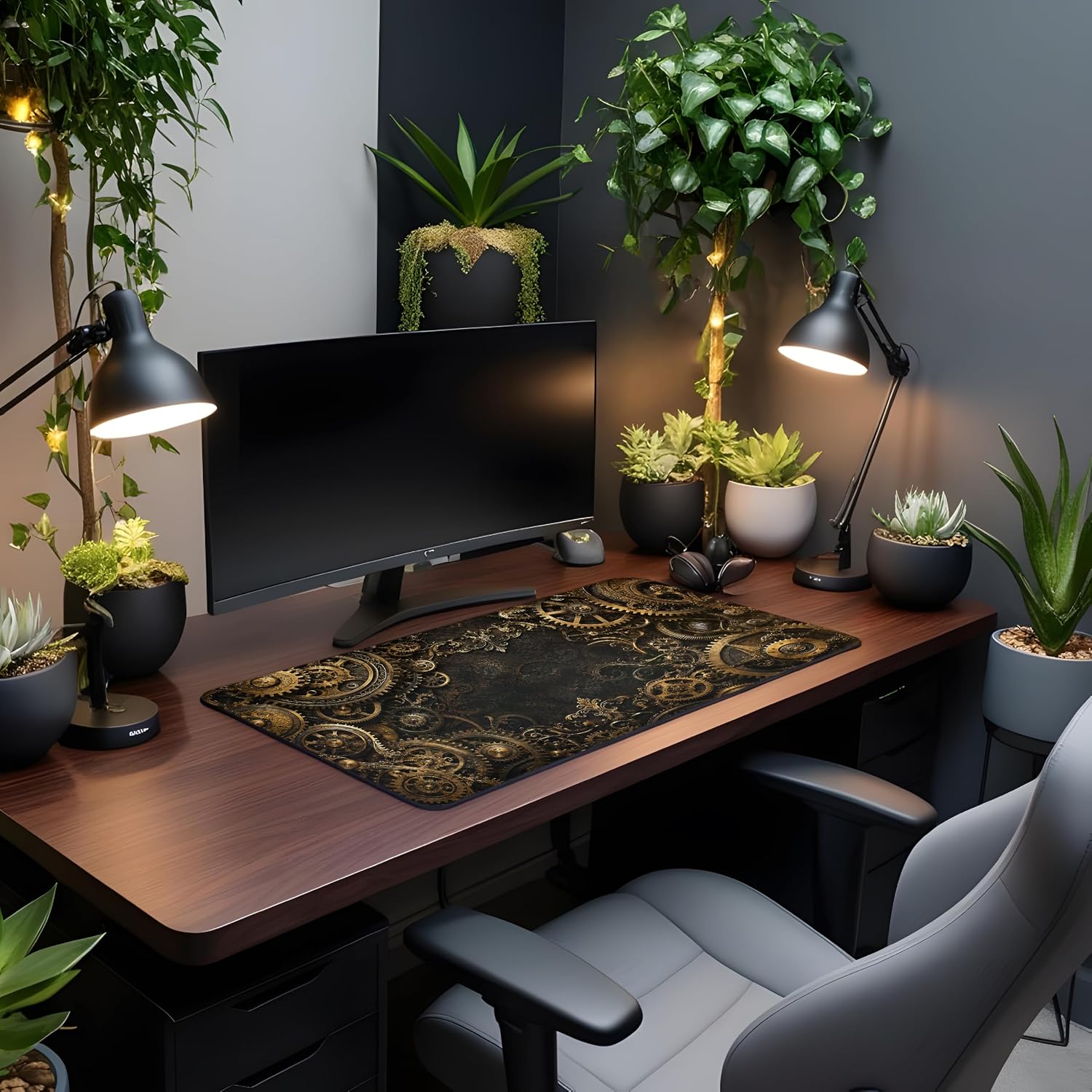 Vixar Gilded Gears Large Desk Mat – Black Gold Steampunk Fabric Mouse Pad with 3mm Non-Slip Rubber Base, 600 x 350mm (T7)