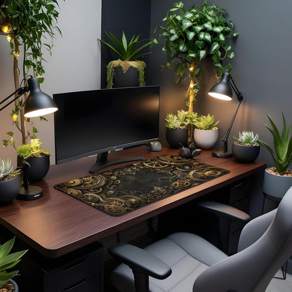 Vixar Gilded Gears Large Desk Mat – Black Gold Steampunk Fabric Mouse Pad with 3mm Non-Slip Rubber Base, 600 x 350mm (T7)