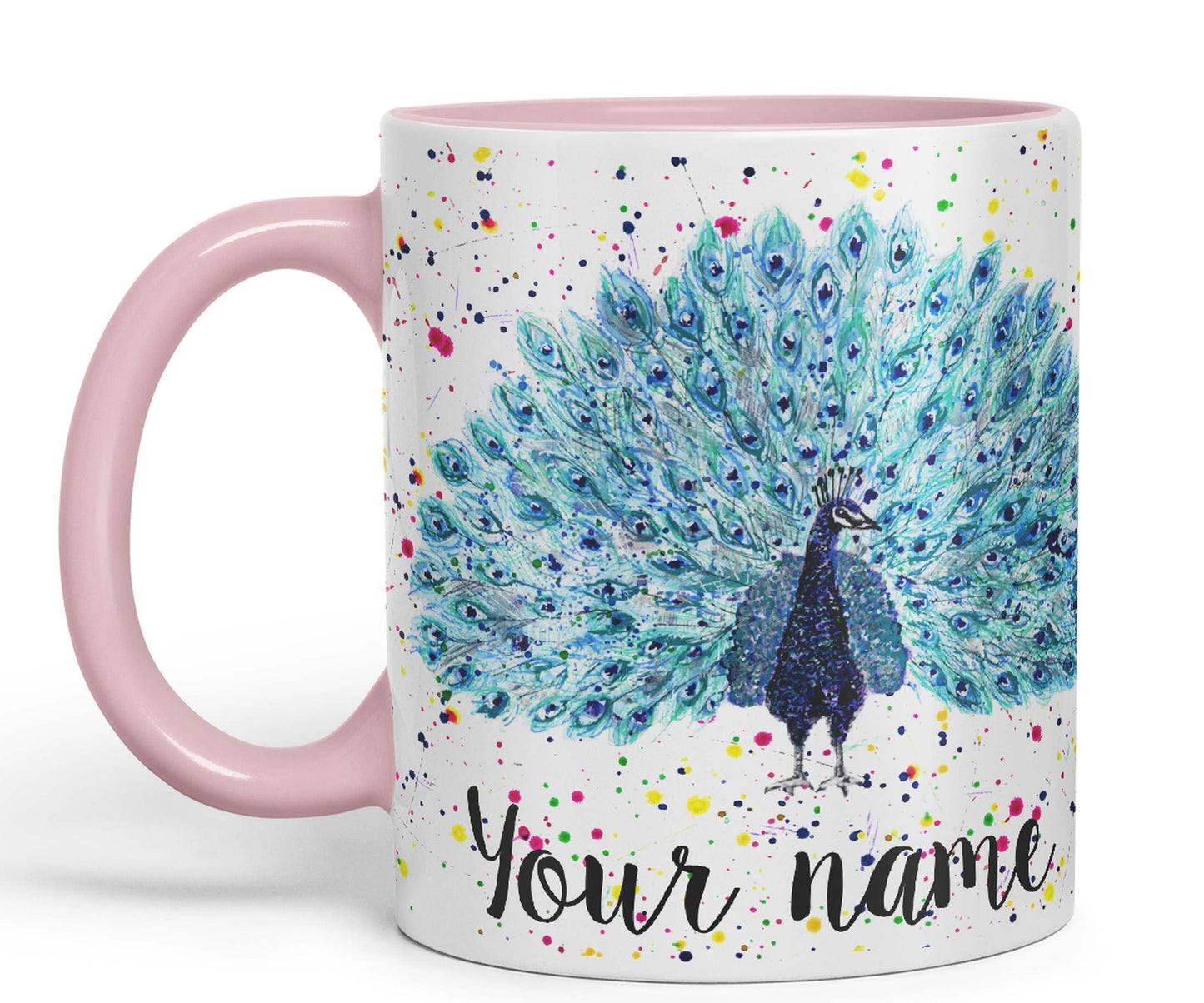 Vixar Personalised with Your Text Peacock Peafowl Bird Watercolour Art Coloured Ceramic Mug Cup Gift 330ml 11oz Custom Work Office Tea Coffee (O2)