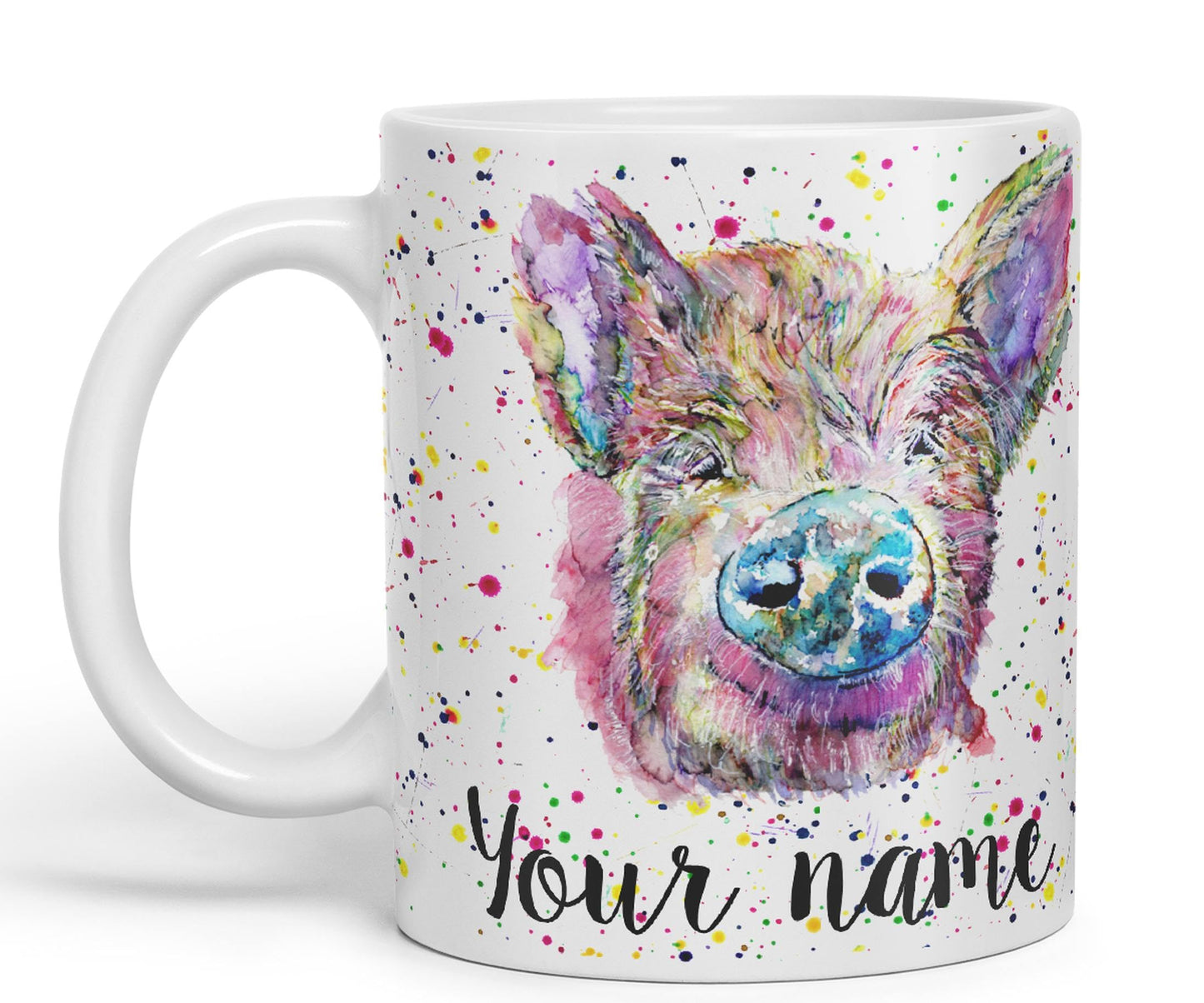 Vixar Personalised with Your Text Pig hog Pork Farm Animal Watercolour Art Coloured Ceramic Mug Cup Gift 330ml 11oz Custom Work Office Tea Coffee (O2)