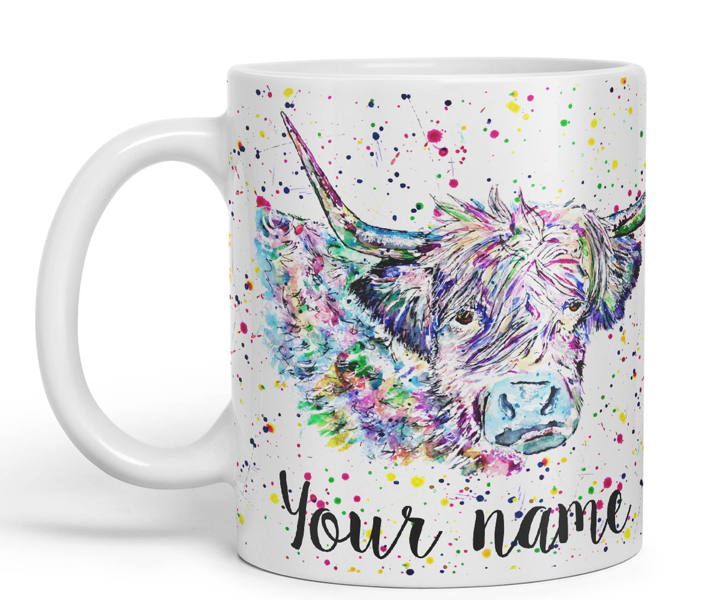 Vixar Personalised with Your Text Highland Cow Scottish Farm Animals Watercolour Art Coloured Mug Cup Gift Birthday Custom Work Office Tea Coffee (P02)