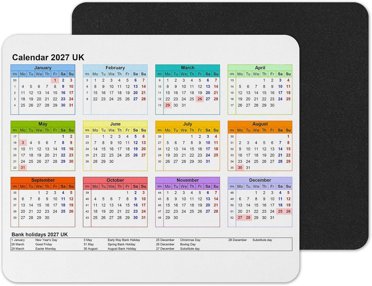 Vixar Calendar 2027 Mouse mat pad for UK with Holiday Non Slip PC Desktop Laptop for office school work home (White)