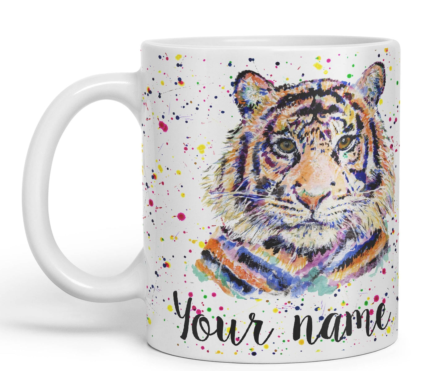 Vixar Personalised with Your Text Tiger Cat Safari Animals Watercolour Art Coloured Ceramic Mug Cup Gift 330ml 11oz Custom Work Office Tea Coffee (O2)