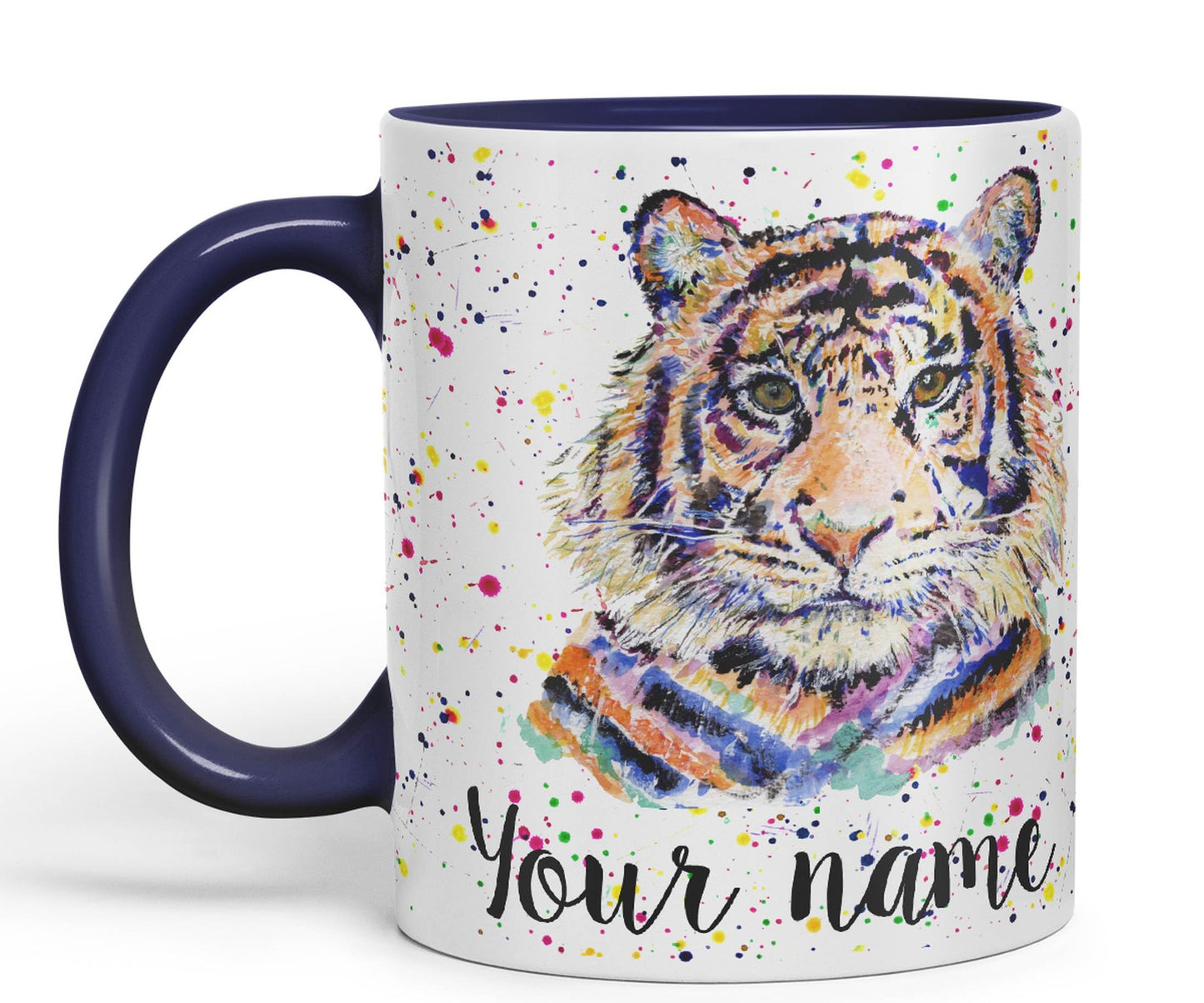 Vixar Personalised with Your Text Tiger Cat Safari Animals Watercolour Art Coloured Ceramic Mug Cup Gift 330ml 11oz Custom Work Office Tea Coffee (O2)