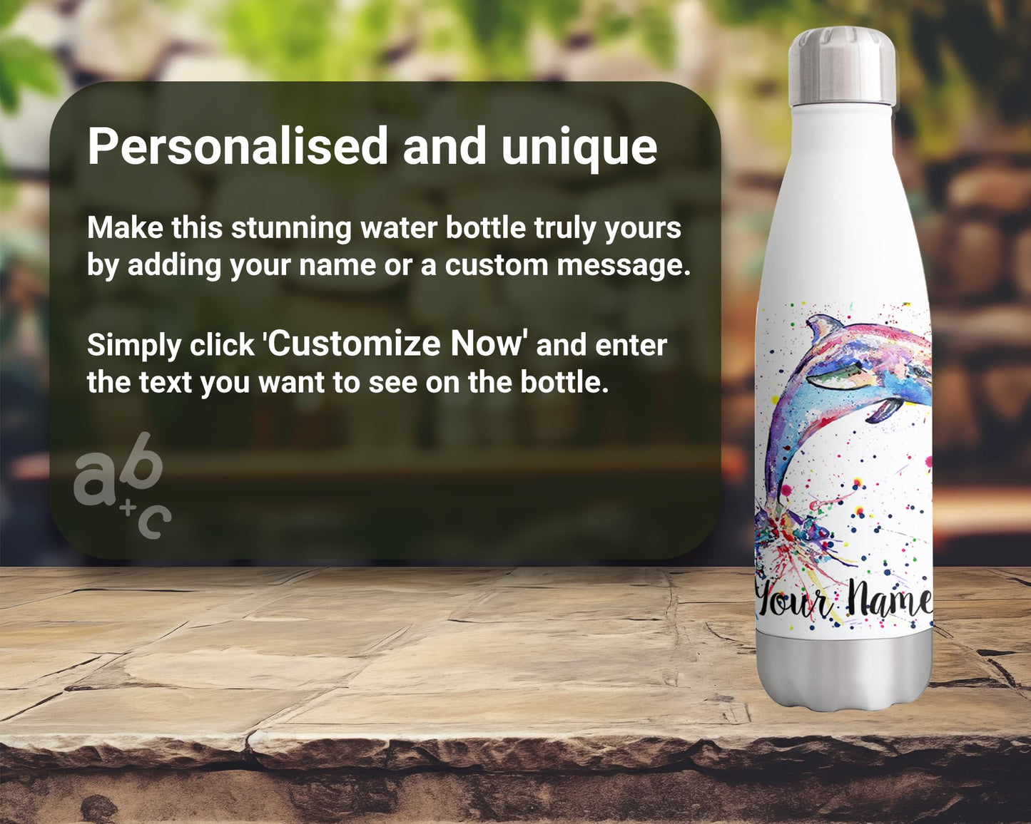 Vixar Dolphin Personalised Custom Bottle with your Text/name SeaAnimals Watercolour Art animals Bottle double Wall insulated Stainless steel sport Drinks 500ml