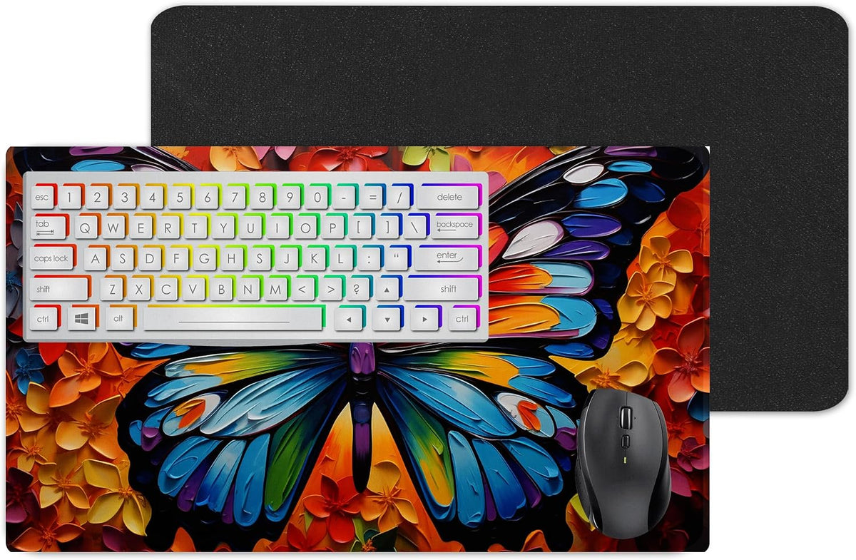 Vixar Colourful Mosaic Butterfly Large Desk Mat – Vibrant Nature Fabric Mouse Pad with 3mm Non-Slip Rubber Base, 600 x 350mm