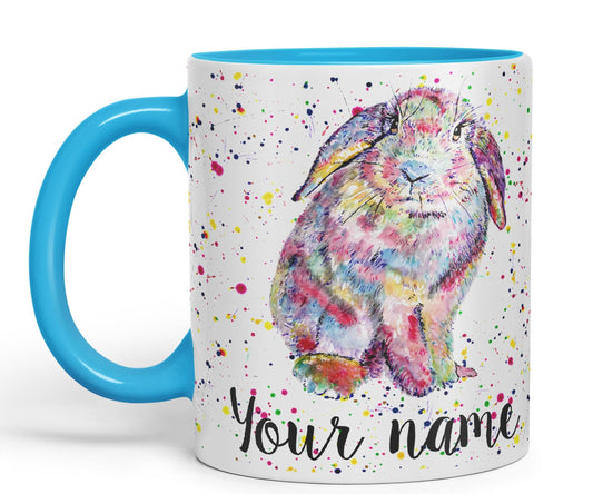 Vixar Personalised with Your Text Lop Rabbit Bunny Eared Watercolour Art Coloured Ceramic Mug Cup Gift 330ml 11oz Custom Work Office Tea Coffee