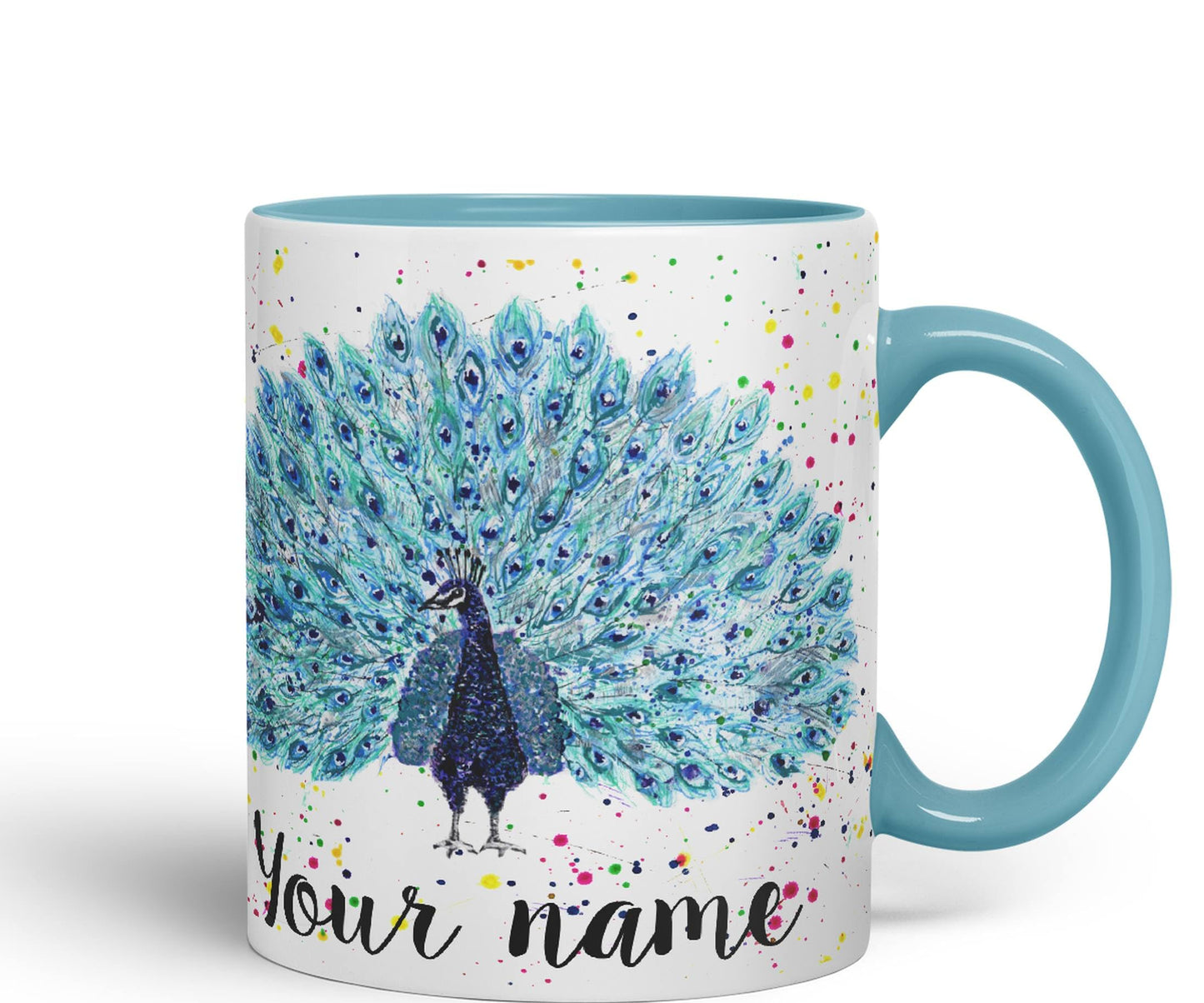 Vixar Personalised with Your Text Peacock Peafowl Bird Watercolour Art Coloured Ceramic Mug Cup Gift 330ml 11oz Custom Work Office Tea Coffee (O2)