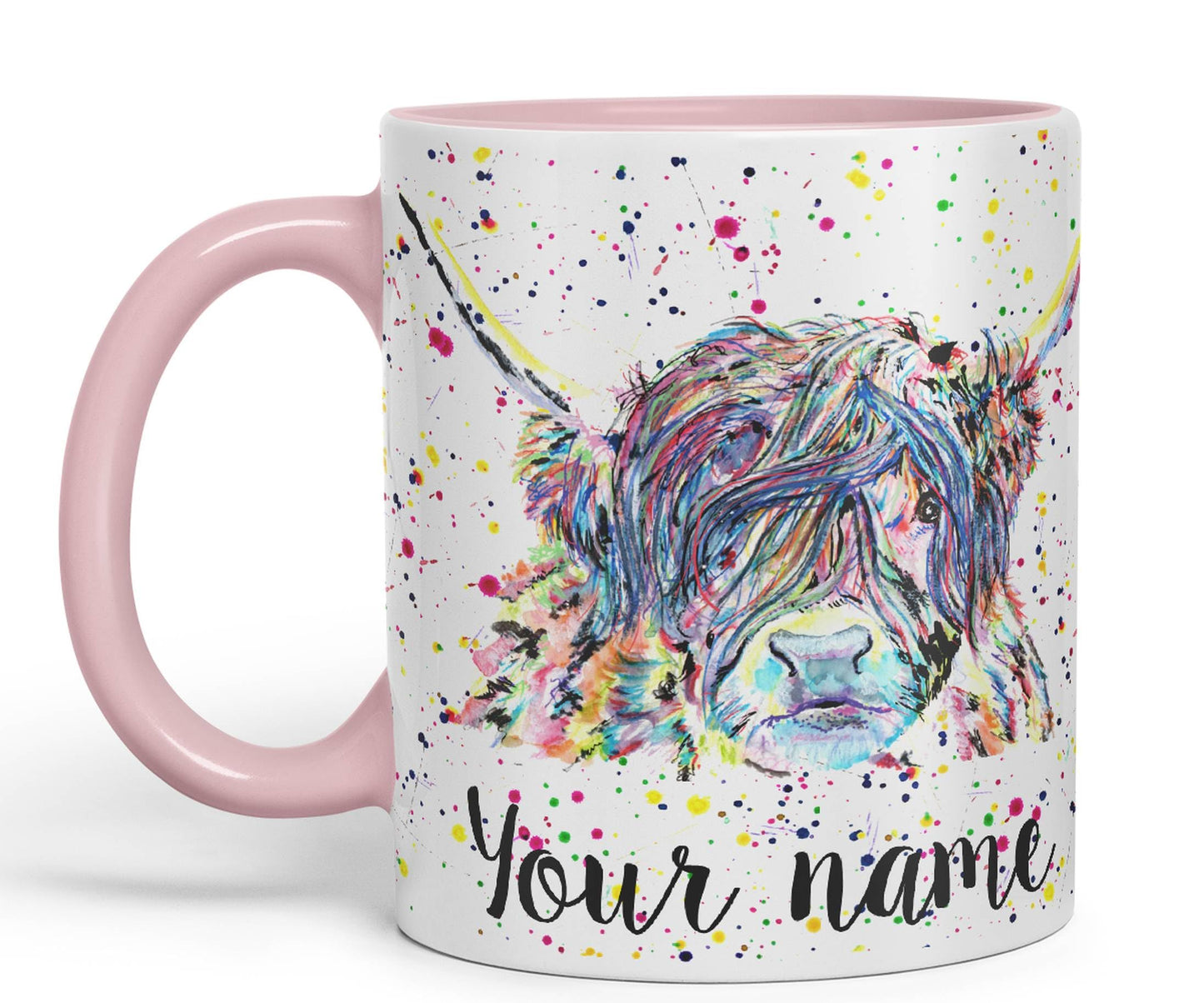 Vixar Personalised with Your Text Highland Cow Scottish Farm Animals Watercolour Art Coloured Mug Cup Gift Birthday Custom Work Office Tea Coffee (P01)