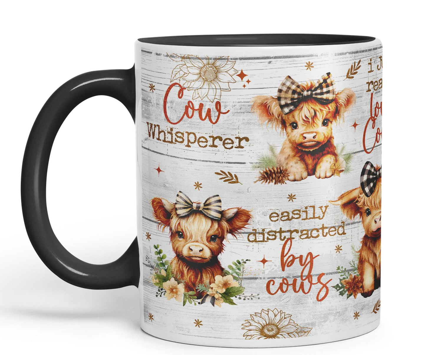 Easily Distracted by Baby Cow Whisperer I just Realy Love Cow Highland Scottish Farm Animals Ceramic Coloured Mug Cup for Tea Coffee Hot Brew 330ml 11Oz Gift