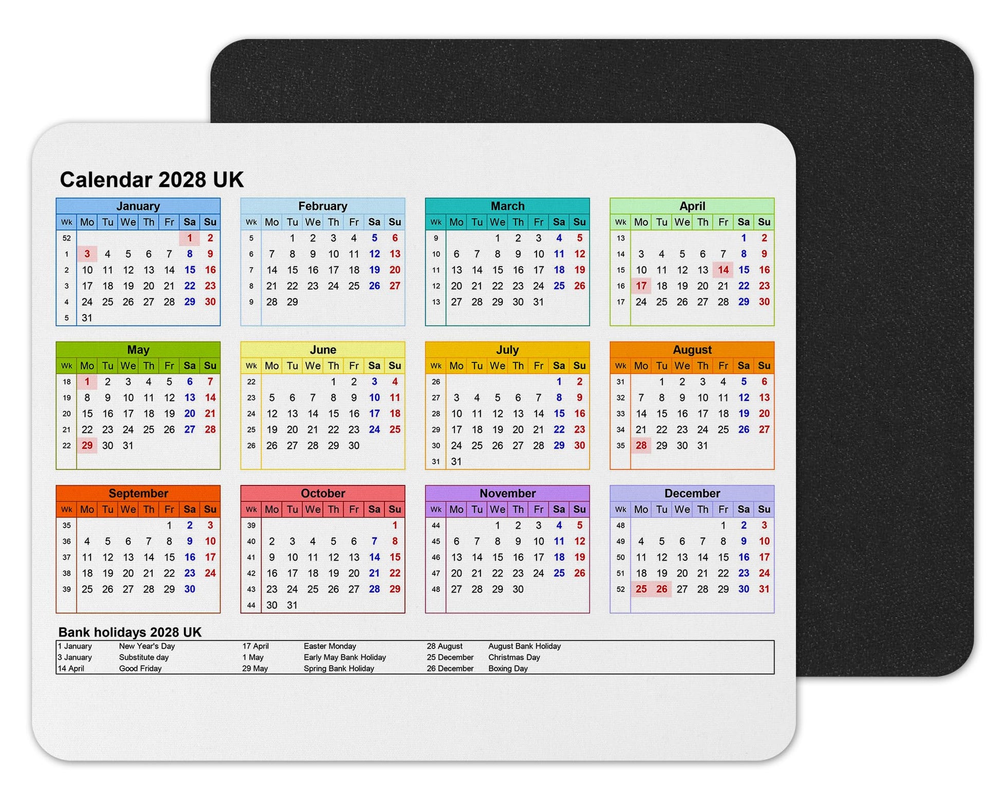 Calendar 2028 Mouse mat pad for UK with Holiday Non Slip PC Desktop Laptop for office school work home (Blue)