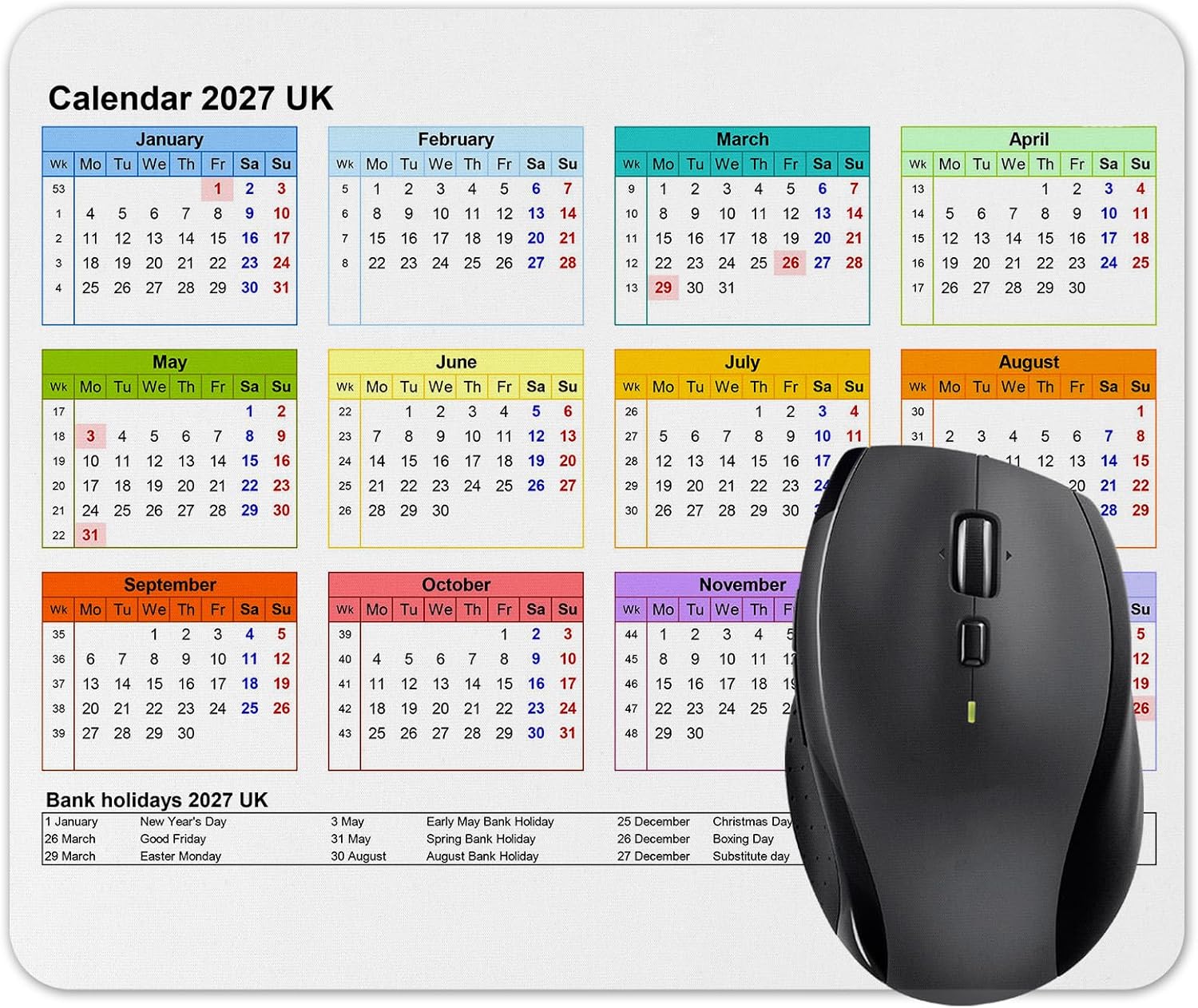 Vixar Calendar 2027 Mouse mat pad for UK with Holiday Non Slip PC Desktop Laptop for office school work home (White)