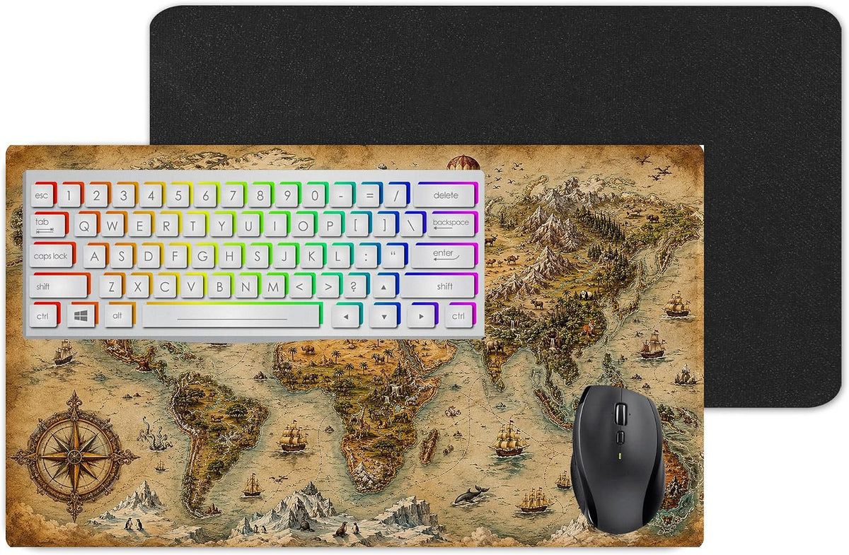 Antique Nautical World Map Large Desk Mat – Vintage Parchment Fabric Mouse Pad with 3mm Non-Slip Rubber Base, 600 x 350mm (Antique)