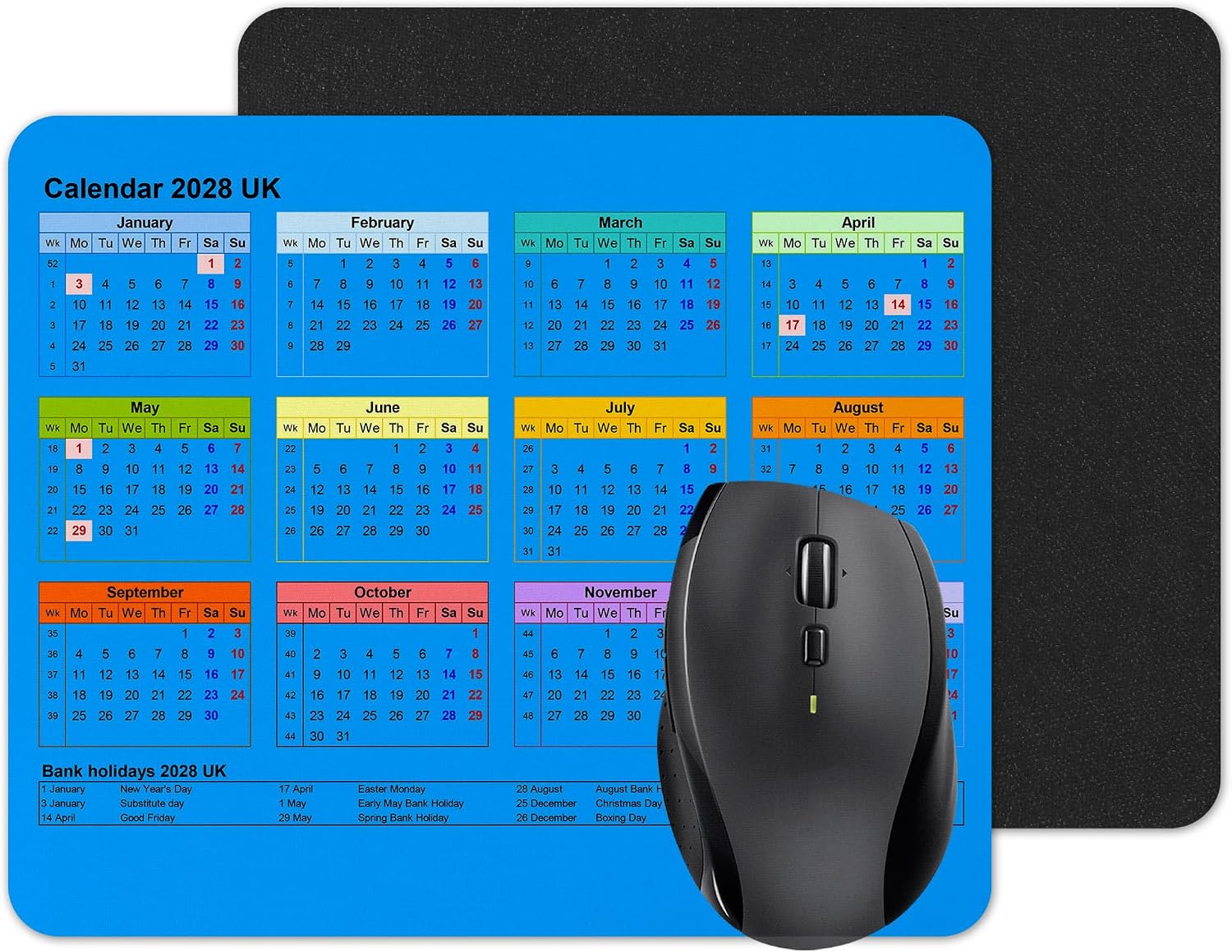 Calendar 2028 Mouse mat pad for UK with Holiday Non Slip PC Desktop Laptop for office school work home (Blue)